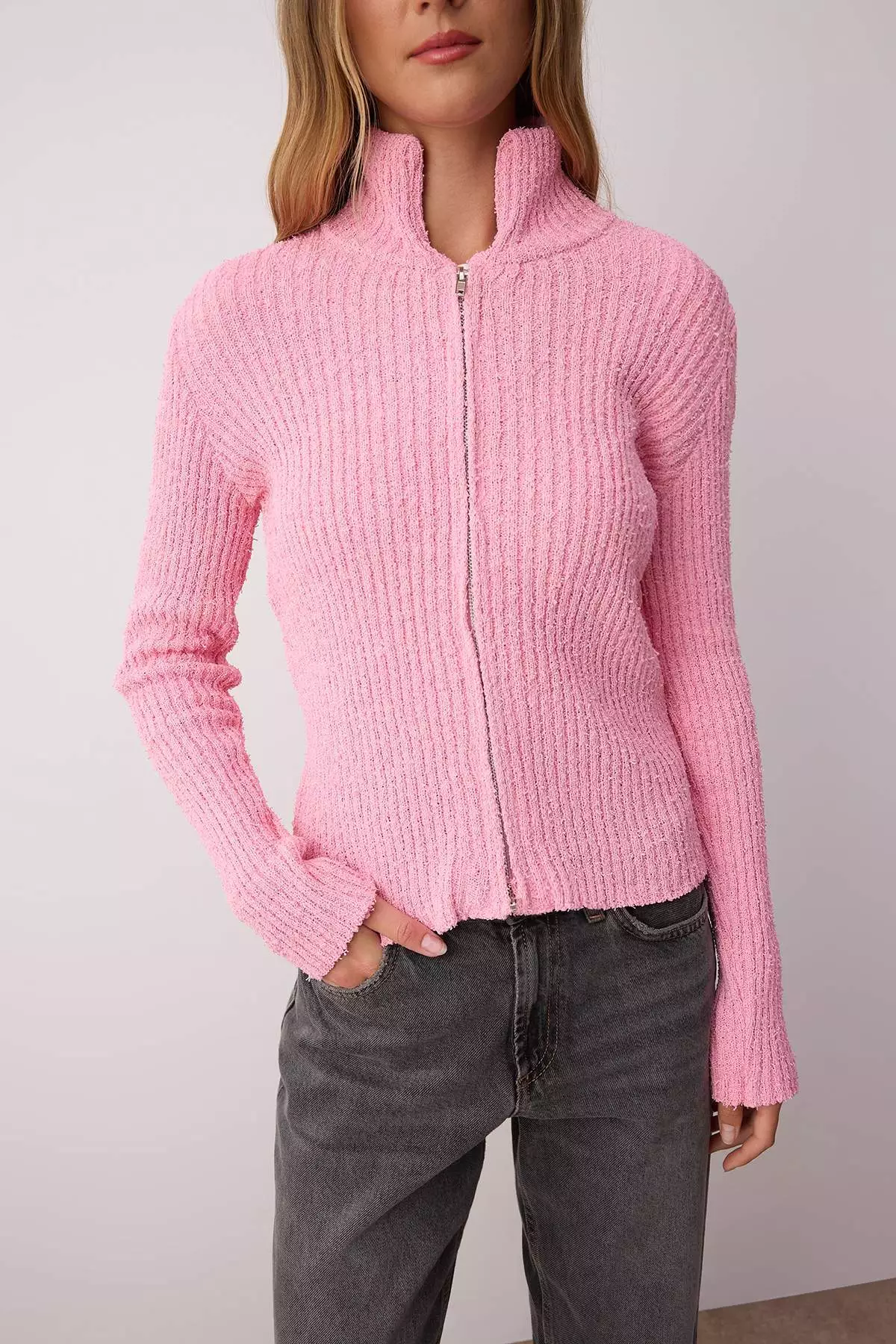 Pink Zipper Stand Collar Soft Textured Cotton Knitwear Cardigan