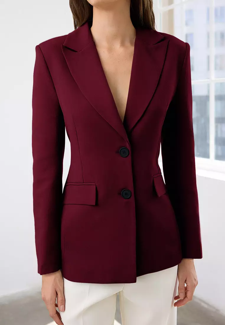 Burgundy Fitted/Close-Fitting Woven Blazer Jacket Twoaw26Bc