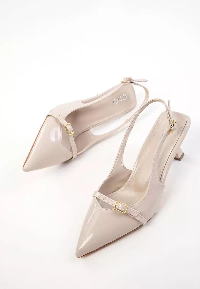 Beige Patent Leather Women's Classic Heeled Shoes 20598