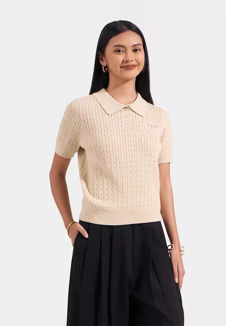 Collared Cable Knit Tee with Butterfly Emboridery