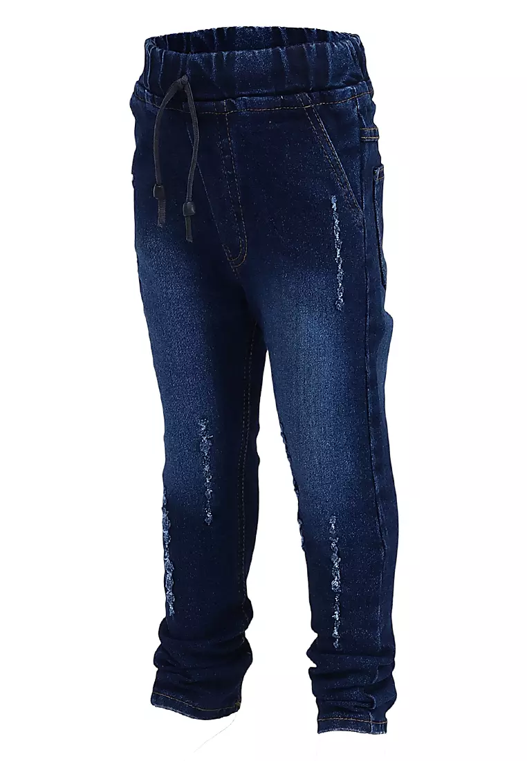 Presleyy Celana Jeans Anak Laki-laki Motif Polos Kid Long Pants Pinggang Karet Material Denim ORIGINAL - Dark Blue
