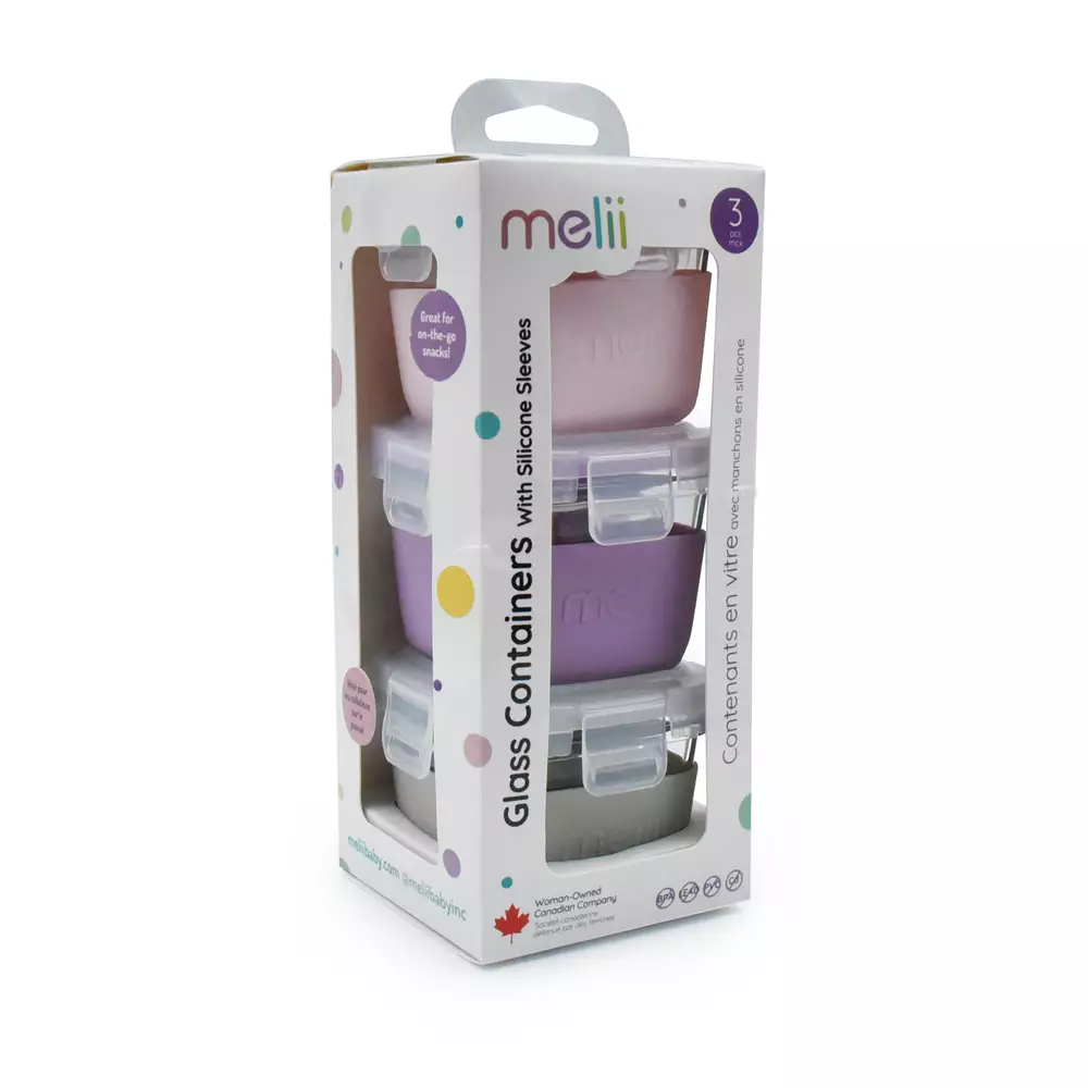 Melii Baby Glass Containers with sleeve - Pink, Purple, Grey - wadah makanan kaca