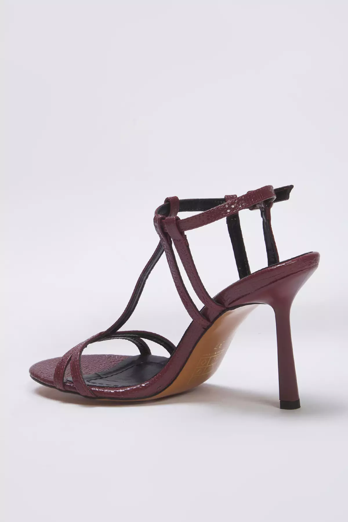 Burgundy T-Banded Ankle Strap Round Toe Women's Thin Heeled Sandals Takss25To00016