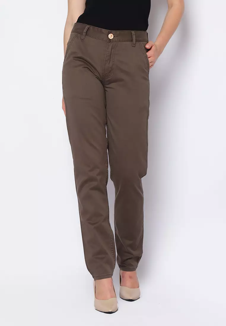 Twill Celana Panjang Wanita Slim Fit Cheerful Coklat 222505