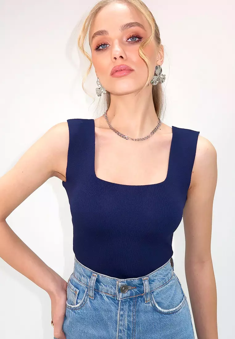 Square Neck Seasonal Mercerized 2-Piece Knitwear Top