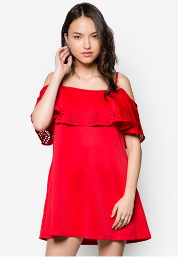 zalora時尚購物網的koumi koumi雕花層次露肩連身裙, 服飾, 服飾