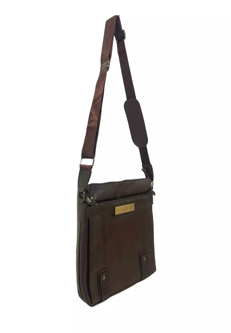 Roger Tas Selempang Messenger Crossbody Pria dengan Dompet Sling Bag Large Compartment Material Kulit Leather ORIGINAL - Brown