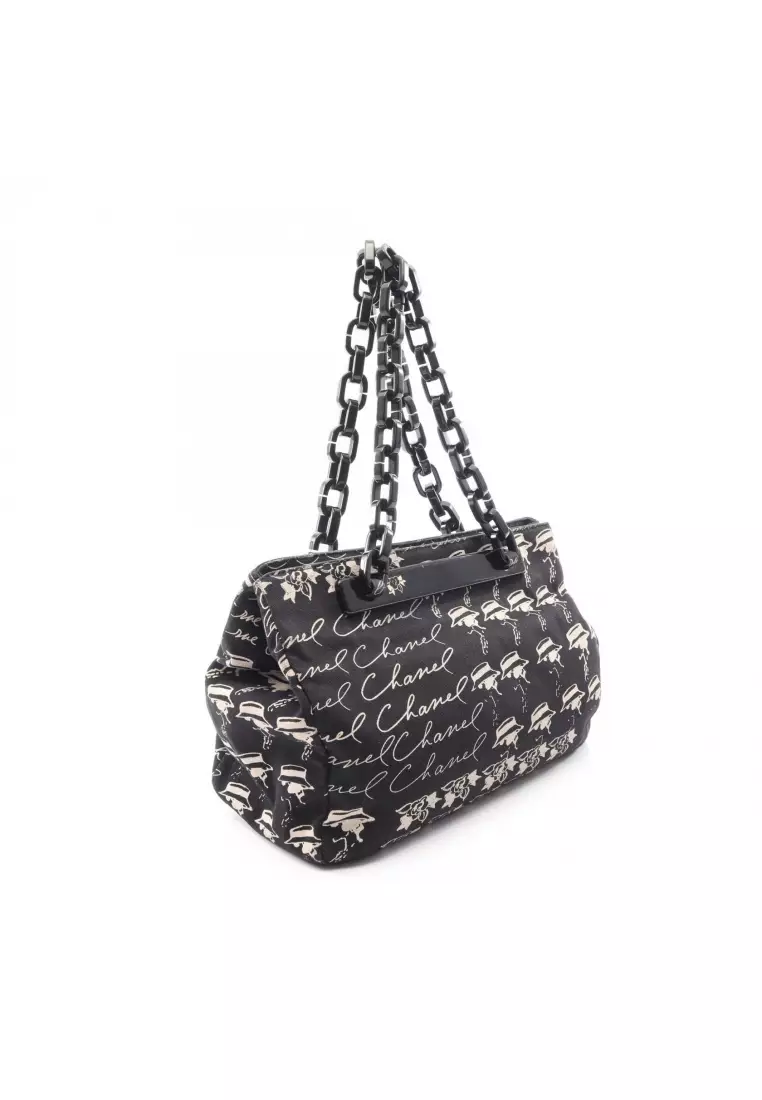 Pre-Loved Chanel coco mark camellia black hardware chain handbag chain tote bag canvas black