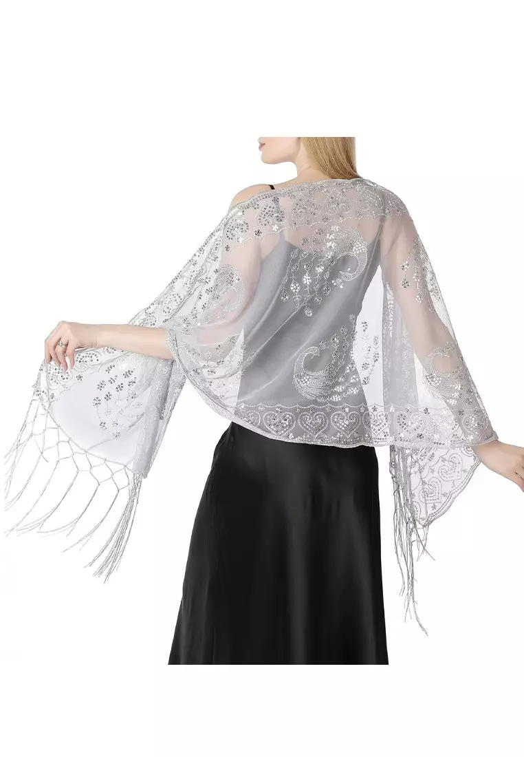 Aksesoris Wanita Peacock Sequin Lace  Fringed Evening Shawl Syal Pesta Wanita Snow White