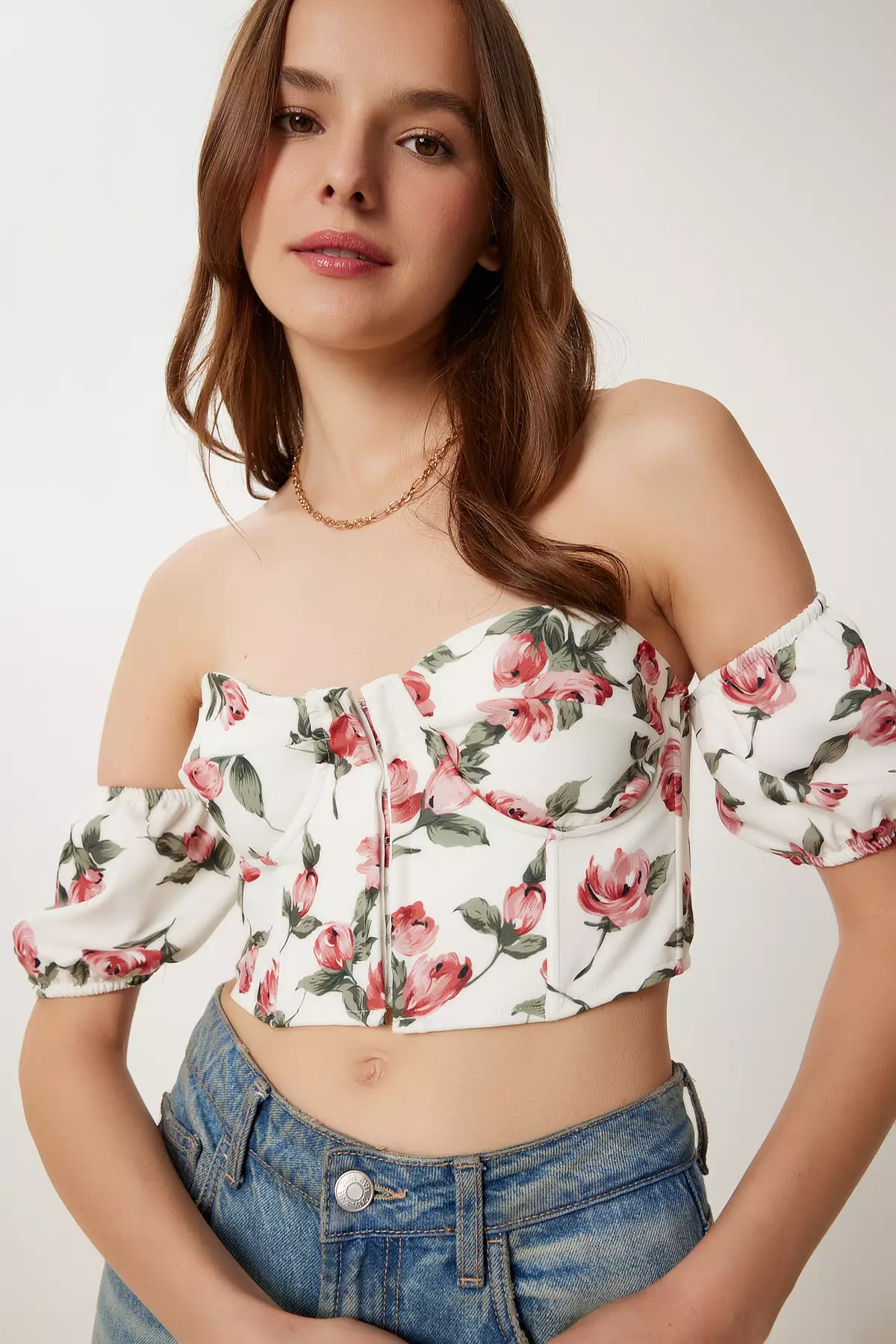 Women's Cream Dusty Rose Patterned Crop Viscose Blouse Cr00510