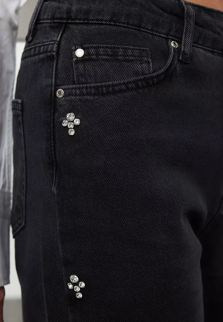 High Waist Mom Jeans with Rhinestones