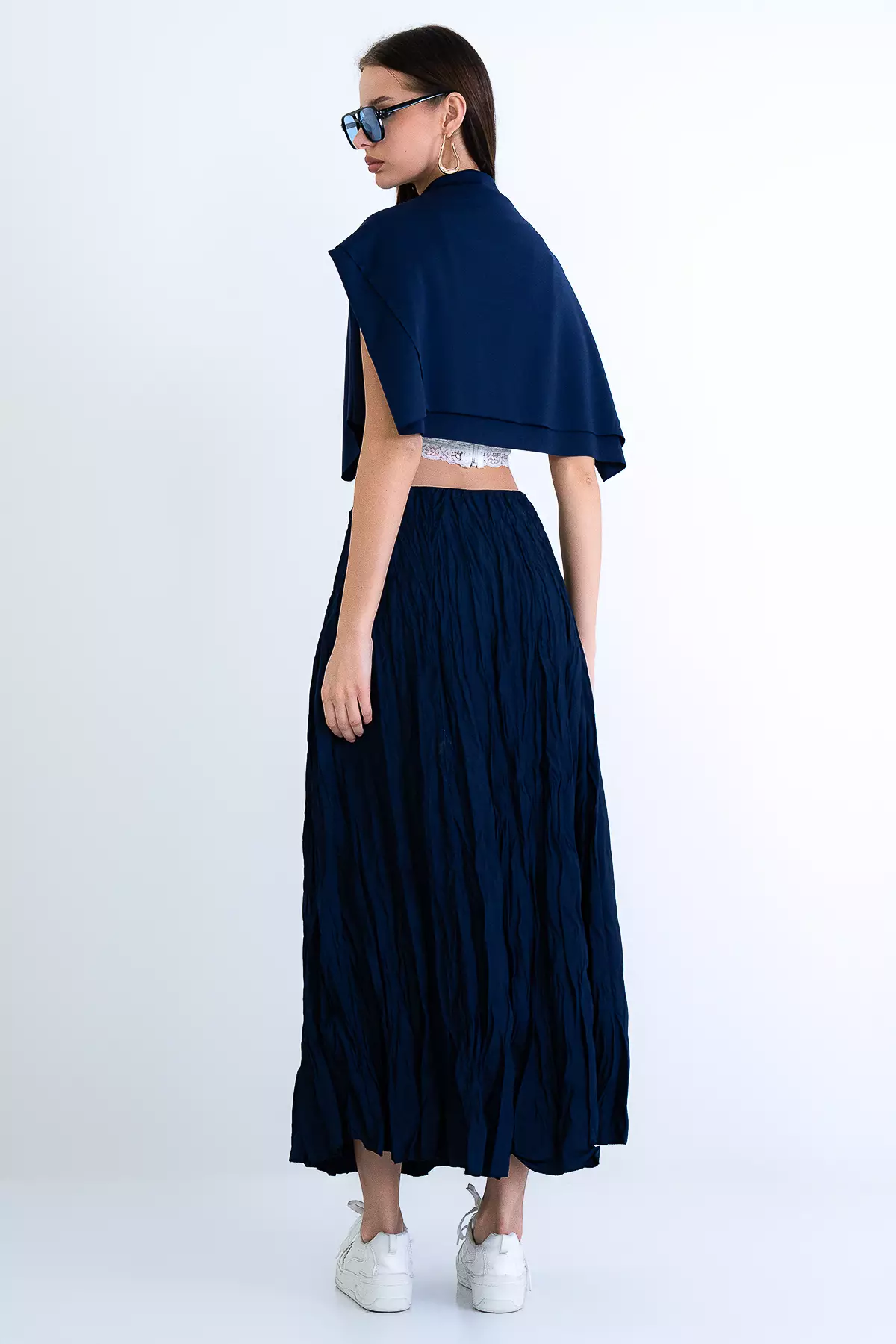 Navy Blue Soft Crush Textured Midi Skirt Alc-X15225