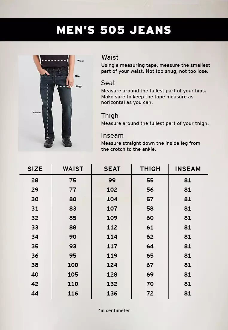 Levi's 505 clearance size chart