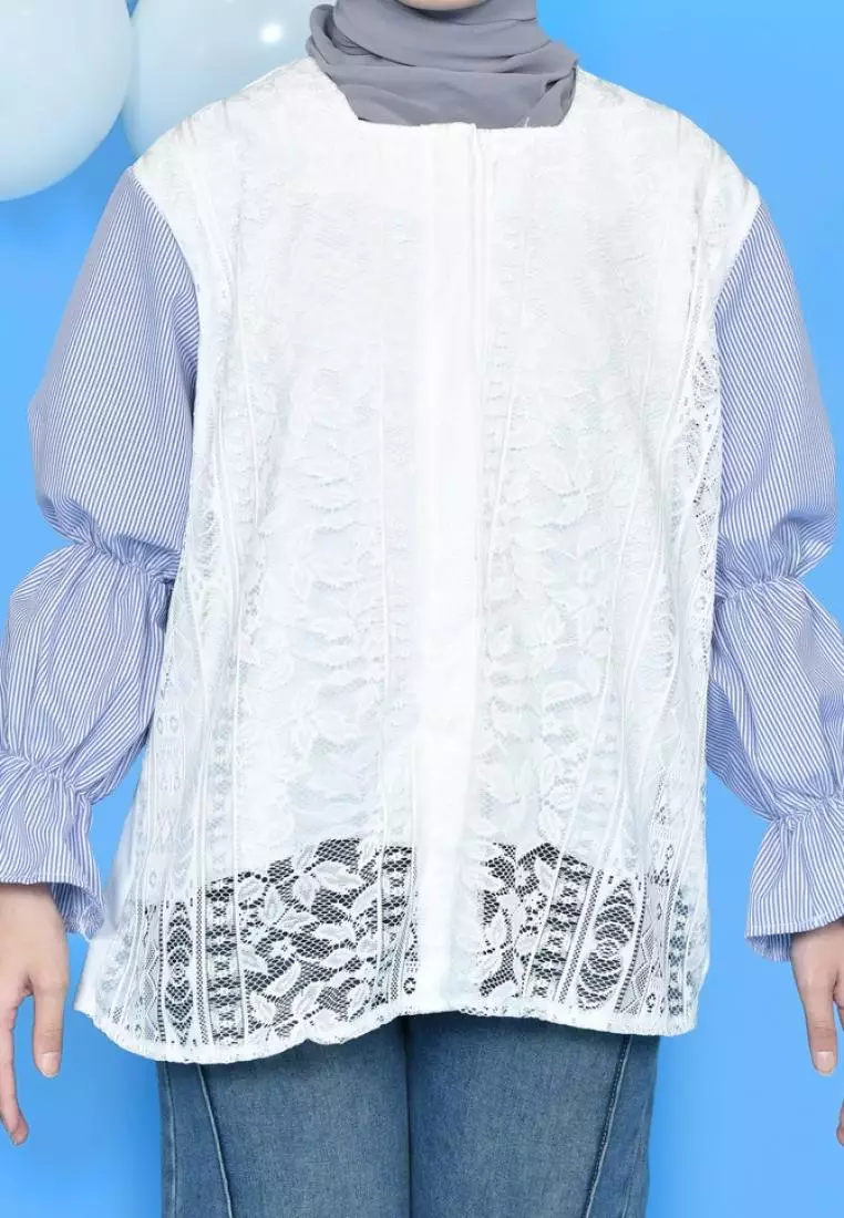 Seika Lace Top - Bw - Stripe Blue M18225 R15S3