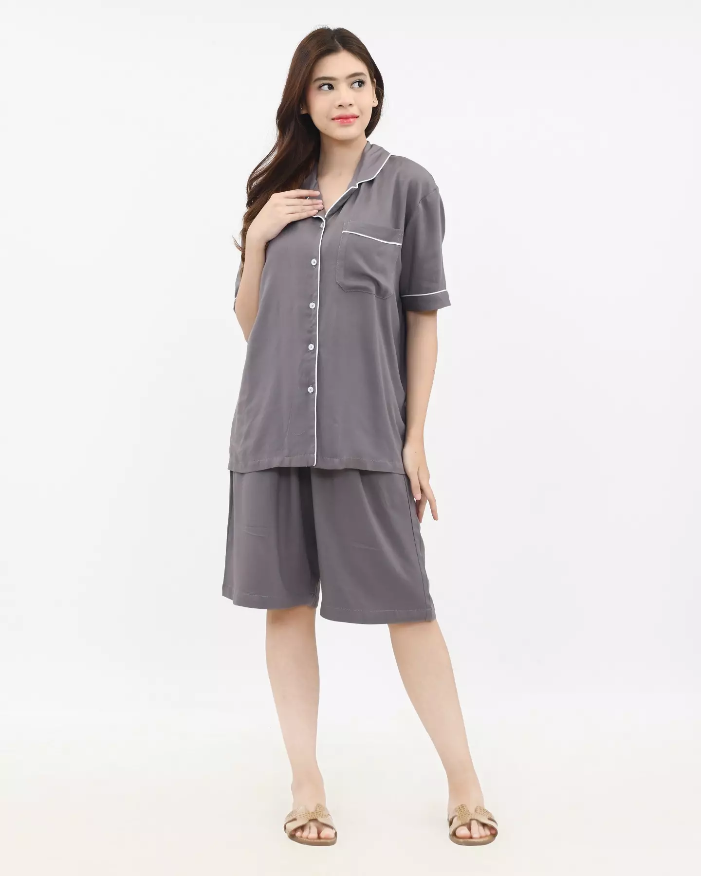 Setelan Piyama Katun Wanita Keisha [ABU ABU] SIZE L-XXL Baju Tidur Short Sleeve Short Pants Plain Sleepwear