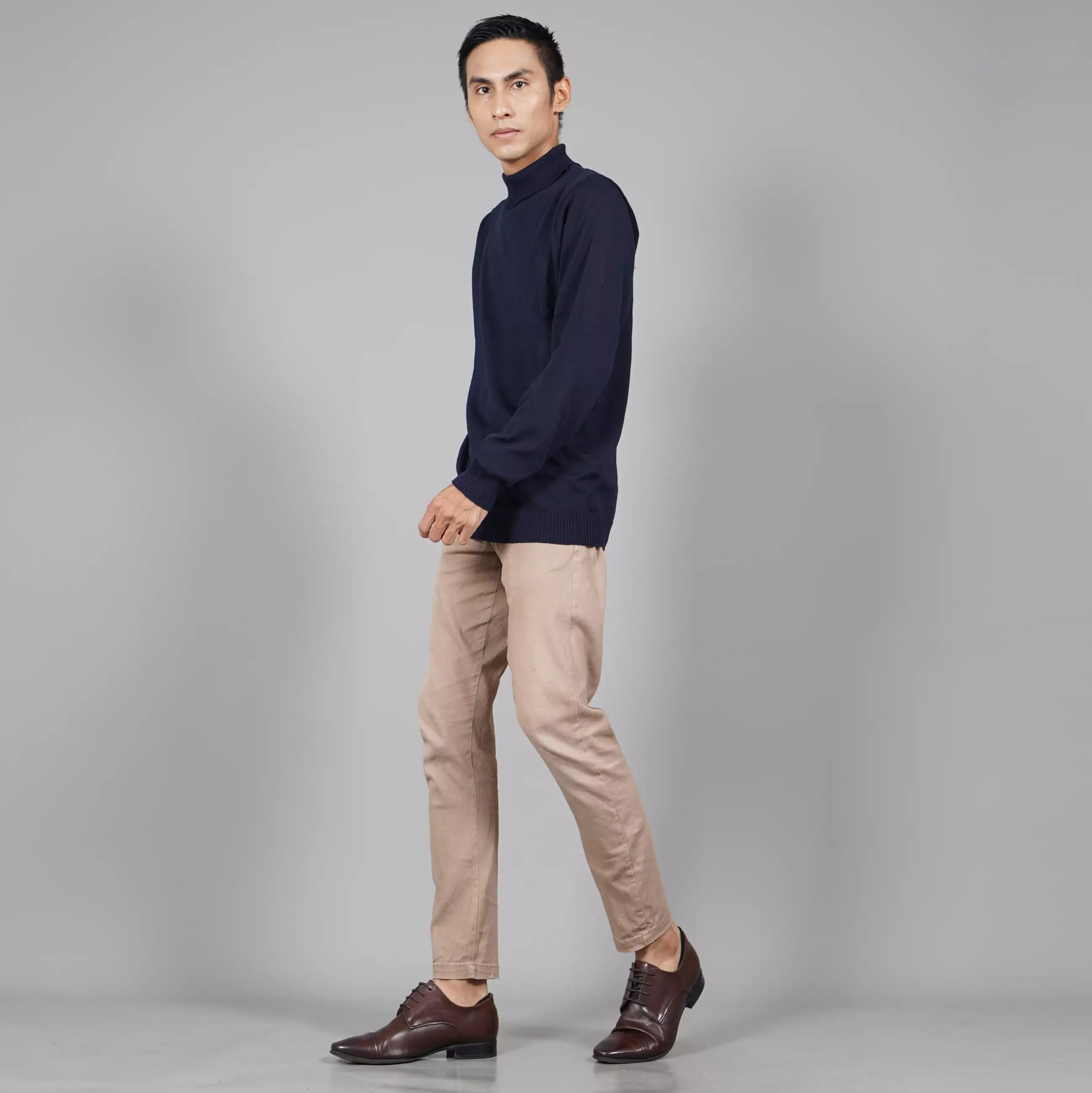 JEHOON Sweater Rajut Leher Tinggi Pria Knit Outer Turtle Neck Pria - NAVY
