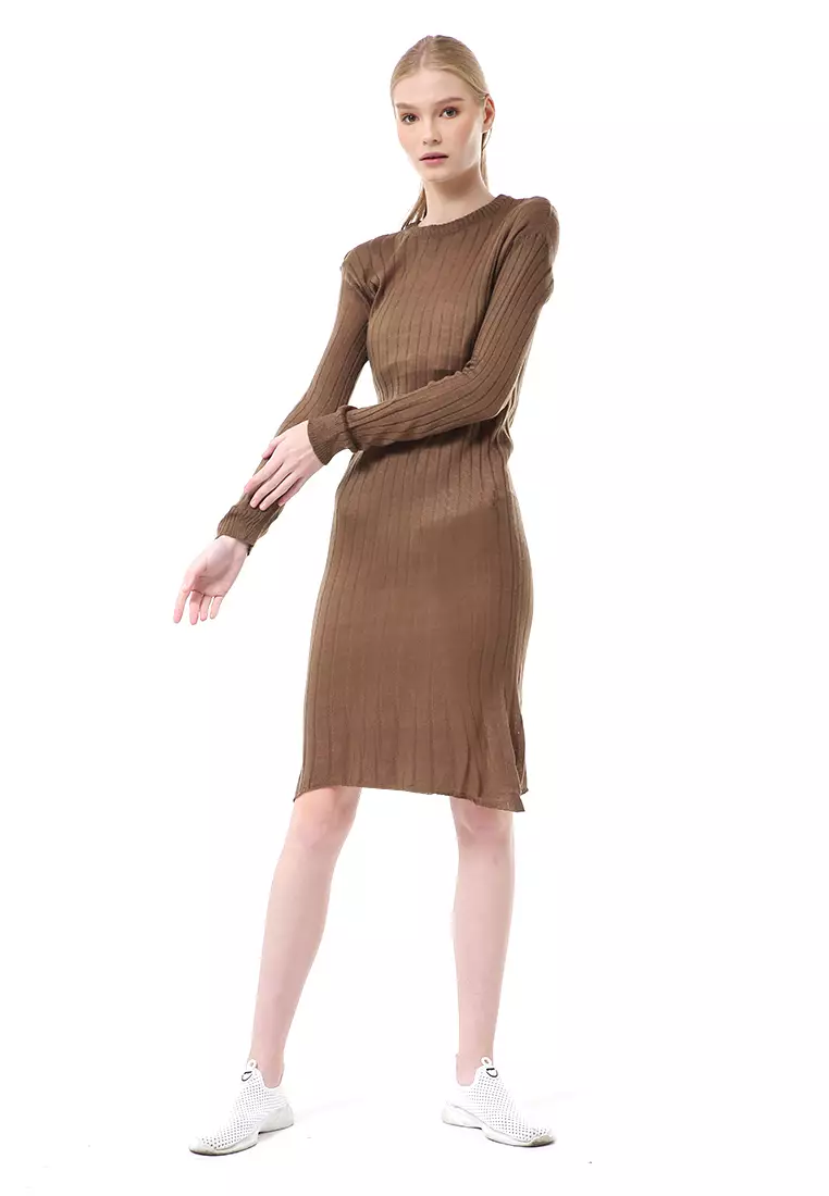 Adela Dress Rajut Tunik Wanita Motif Polos Long Sleeve Relaxed Fit - Bronze
