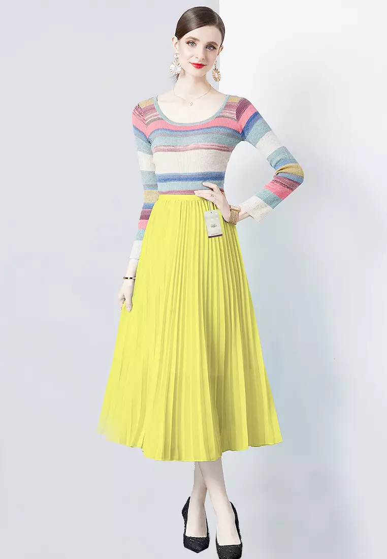 Elastic waist pleated skirt yellow shop