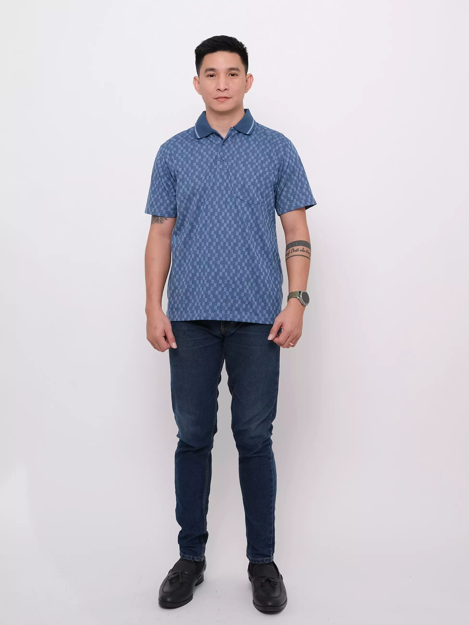 Andre Michel Polo Shirt Lengan Pendek Biru Motif Kotak 3428