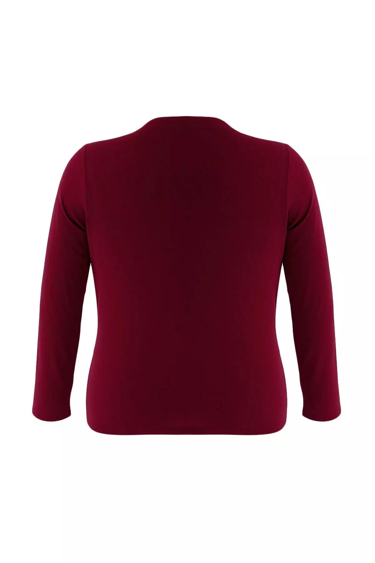 Burgundy Stand Collar Gather Detail Body Fitting Knitted Plus Size Blouse Tbbaw25Af00014