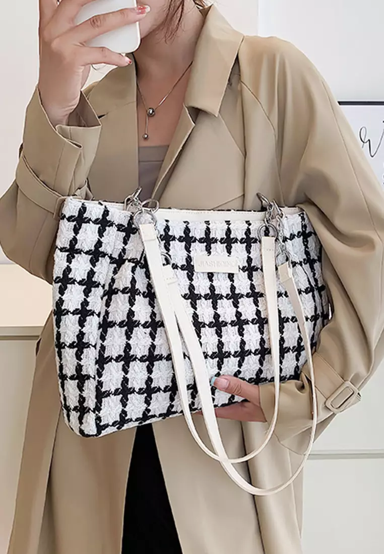 Wakakids Tas Wanita Bahu Shoulder Bag Tote Bag Bahan Kain Tweed Plaid Pattern Venrc Hitam