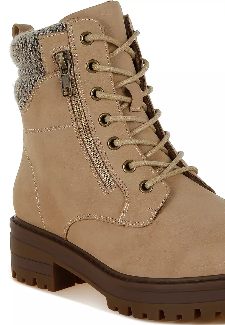 Knitted Collar Zip-Up Hiker Boots in Beige
