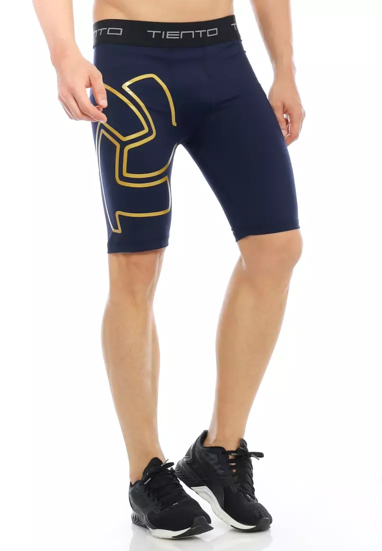 Tiento Baselayer Leging Celana Pendek Ketat Olahraga Pria Legging Sport Short Pants EXO Series Navy Gold Men