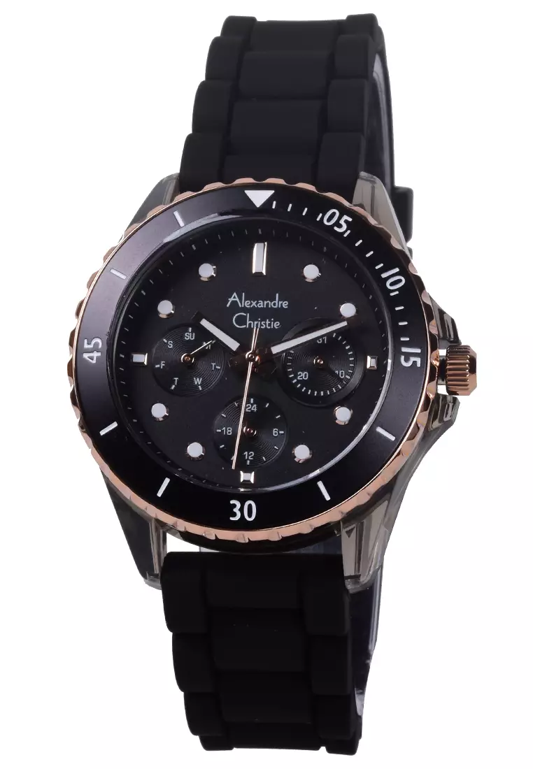 Alexandre Christie - Jam Tangan Chronograph Wanita - Rosegold Black - Rubber Strap - 2A01 BFRRGBA
