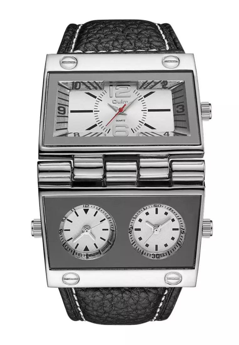 超大號男士石英手錶 - 55x55 毫米 - 精鋼錶殼，黑色錶盤，黑色皮革錶帶