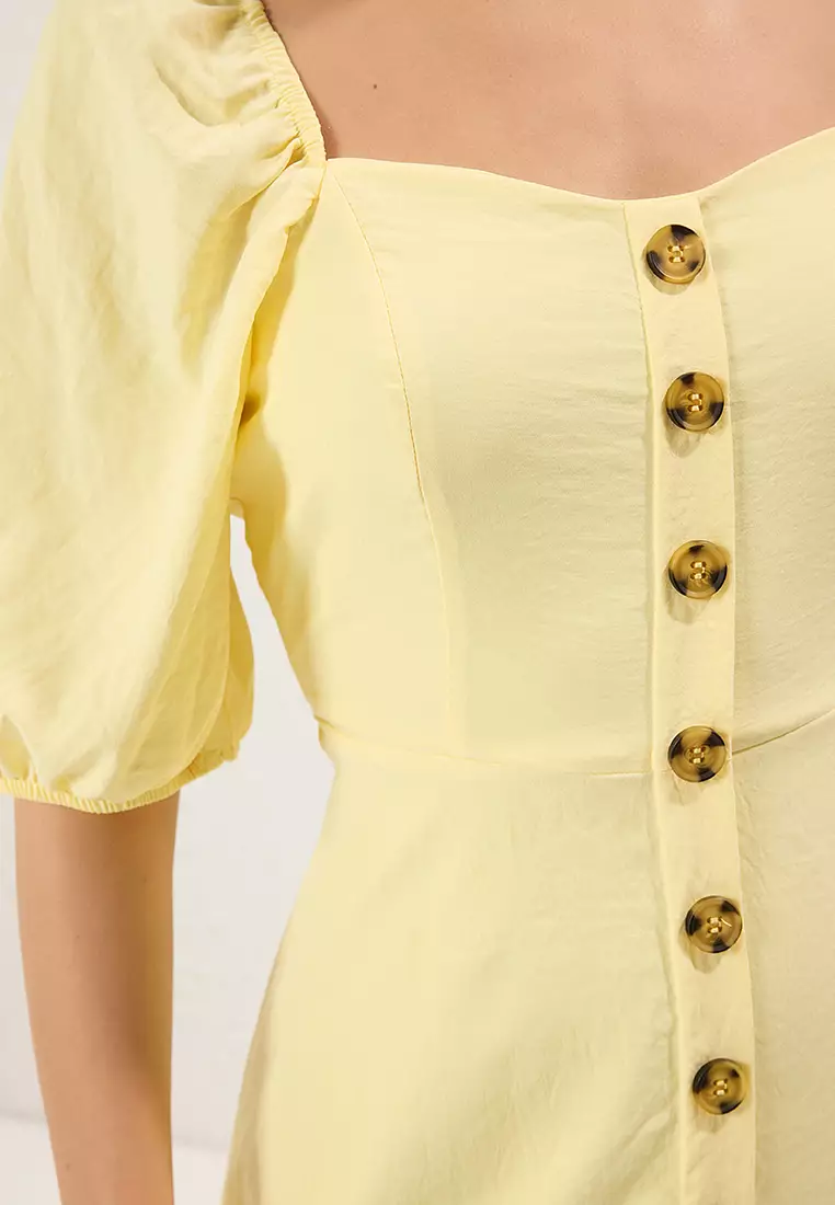 Yellow A-Line Balloon Sleeve Mini Woven Dress