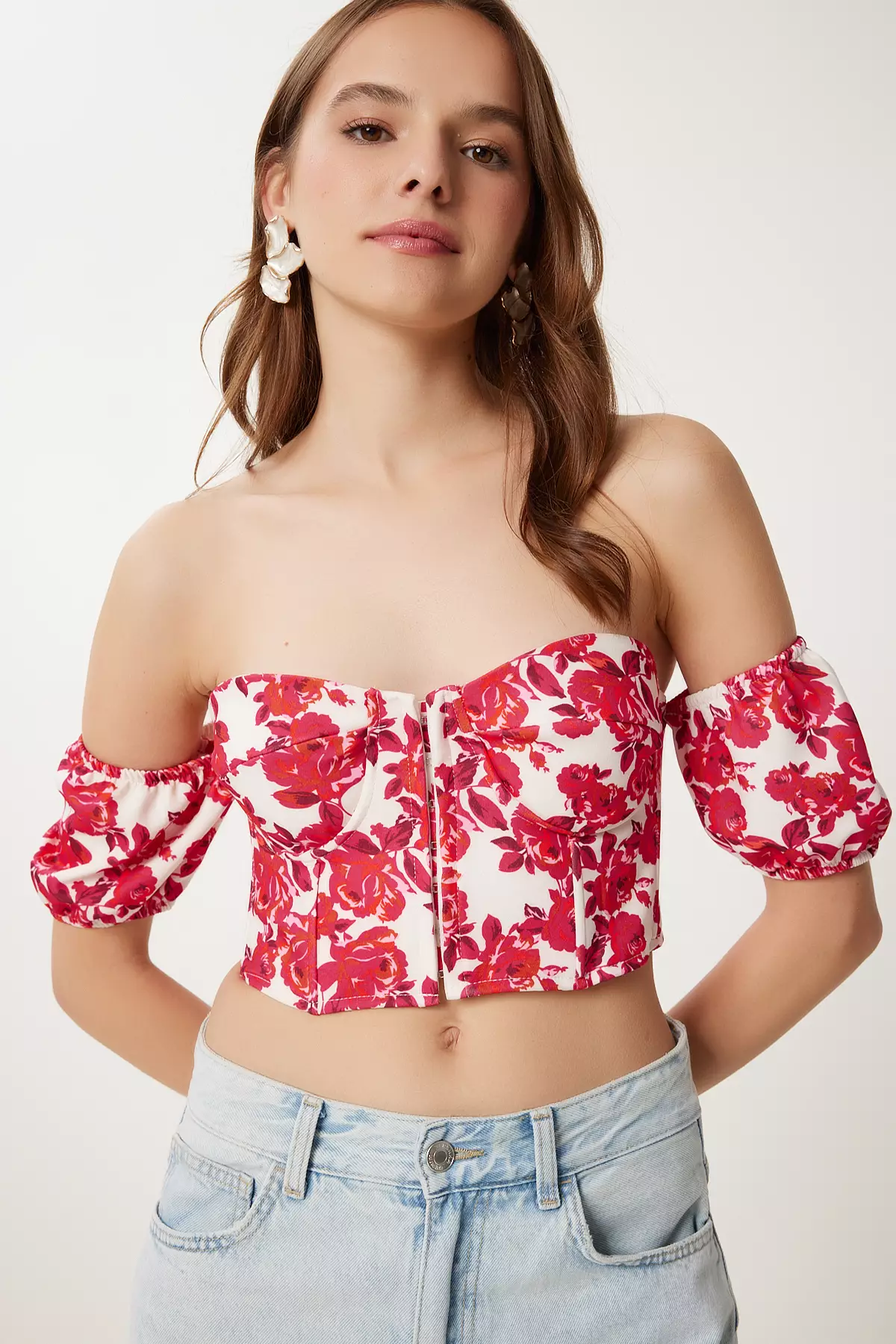 Women's Dark Pink Cream Patterned Crop Viscose Blouse Cr00510