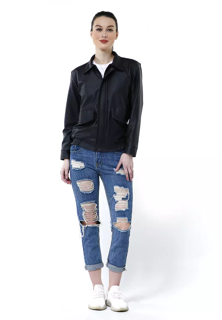 Poppy Jaket Kulit Wanita Big Pocket Motif Polos Material Leather ORIGINAL - Black