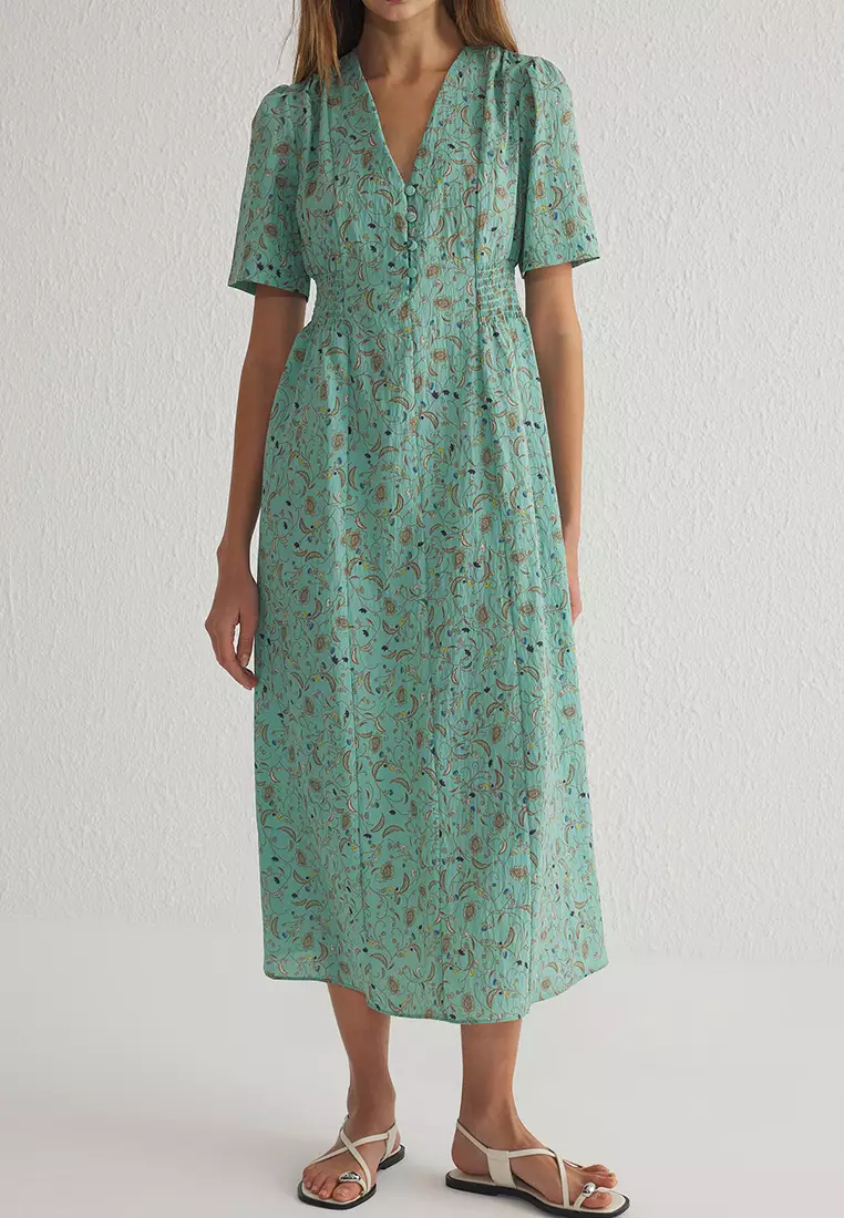 Green Floral A-Line Gipel Midi Woven Dress TWOSS25EL00115