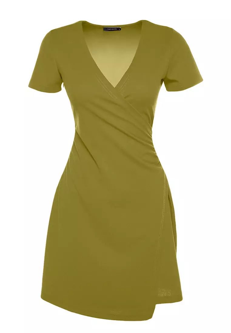 Oil Green Double Breasted Neckline A-Line Crepe Mini Smart Knitted Dress Twoss23El01703