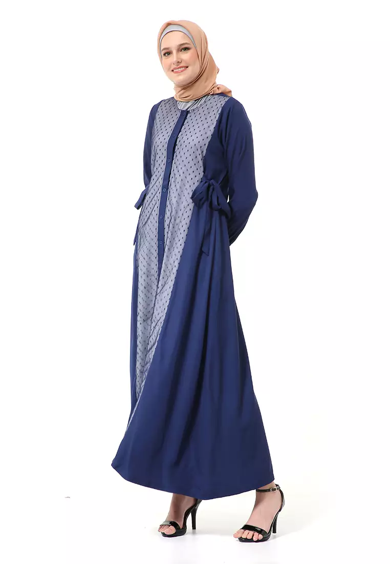 Dilla Long Dress Muslimah Lengan Panjang Relaxed Fit High Quality Premium - Navy Mix Grey
