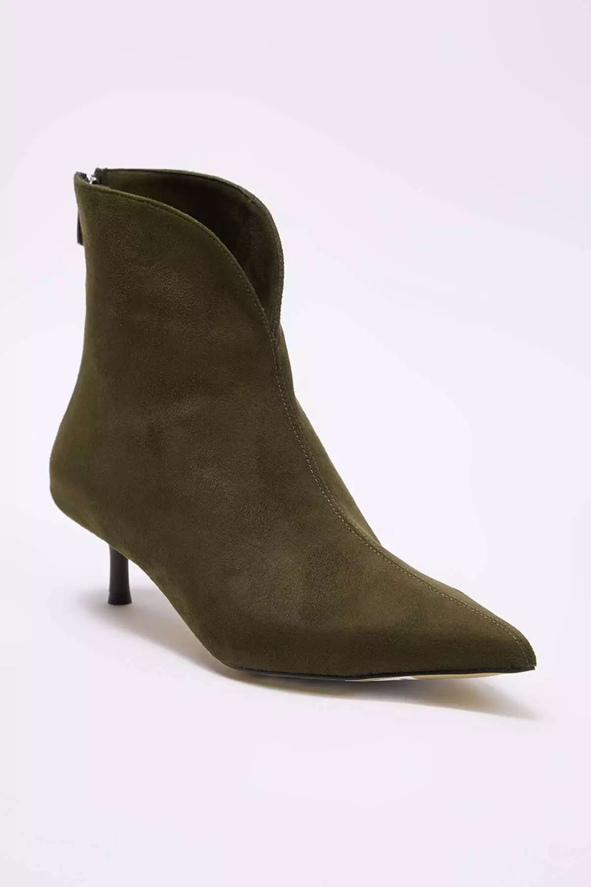 Khaki Suede Pointed Toe Women'S 4 Cm Kitten Thin Heeled Boots Takaw26Bo00087