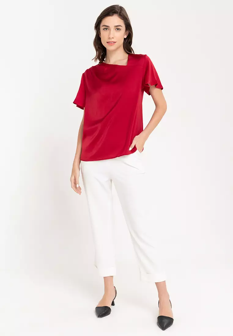 Camie Asymmetrical Neckline Top With Shoulder Pleats