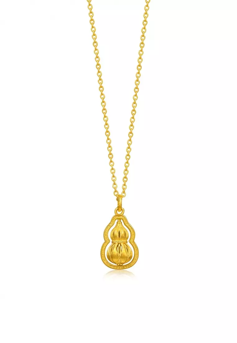 999.9 24K Pure Gold Cultural Blessings Diamond Gourd Necklace for Women 47cm 96408N