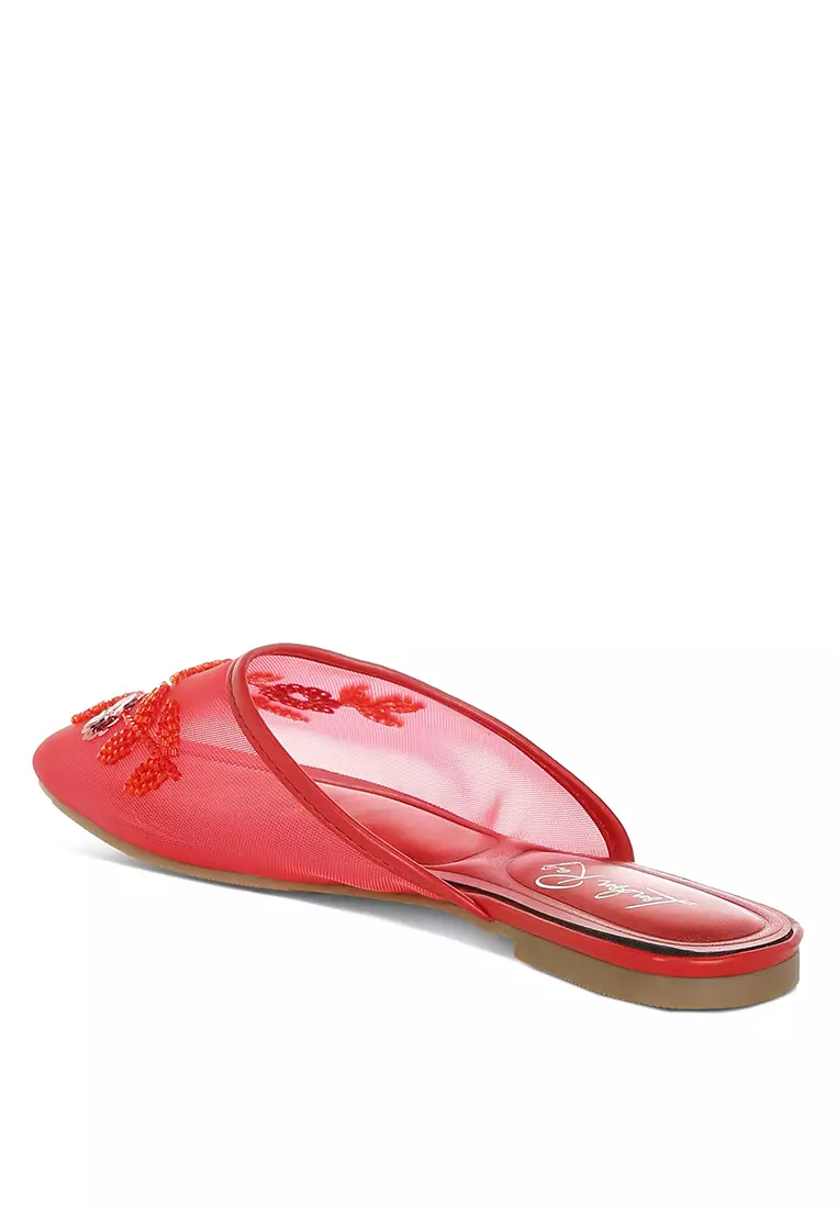 Mesh Sequin Beaded Mules In Red