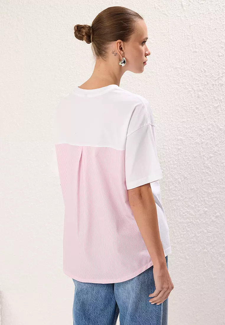 White Pink Striped Poplin Detail Oversize/Wide Pattern Knitted T-Shirt