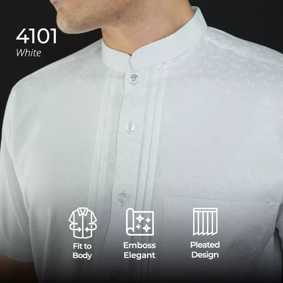 Casella Baju Koko Pria Lengan Pendek Pleats Ilyas | Baju Koko Putih Lengan Pendek 4101 White