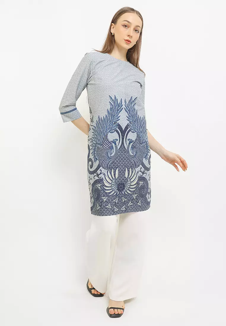 Dress Tunik Batik Wanita Furing Lining Zikia New Grey Lengan 7/8