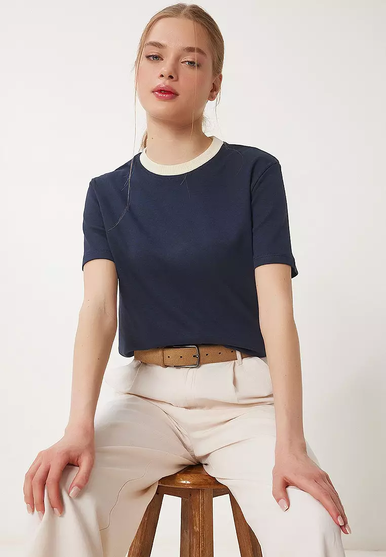 Contrast Color Cotton Knit T-Shirt