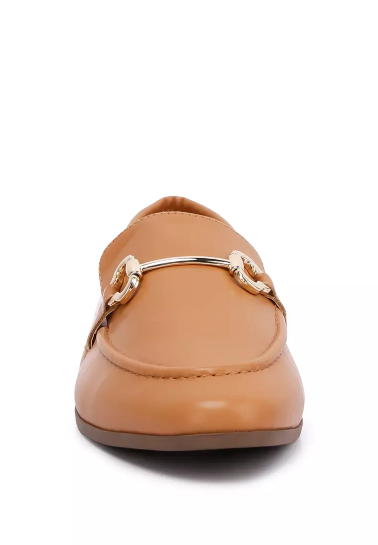 Horsebit Embellished Faux Leather Loafers in Tan