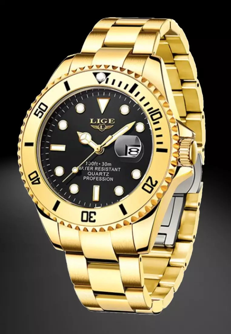 Unisex Classic Diver's Gold Color Stainless Steel Quartz Watch with turning Bezel on Gilded Steel Bracelet