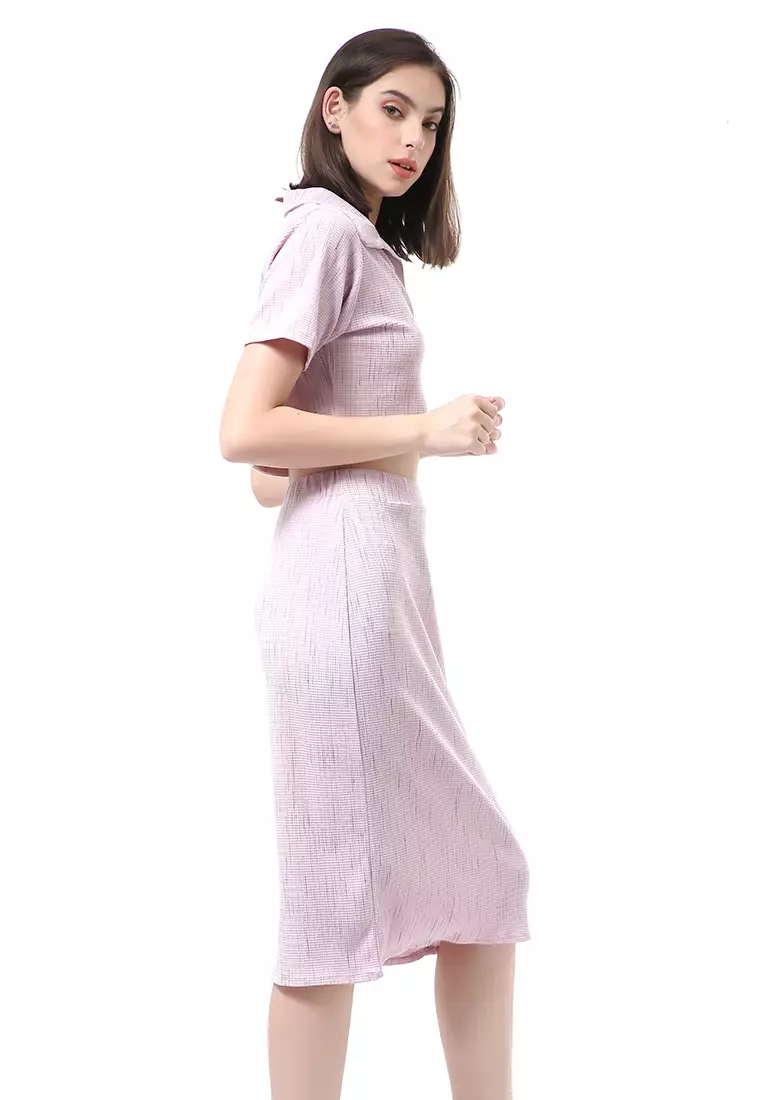 Nayra One Set Setelan Atasan Crop Lengan Pendek Rok Wanita Plain Motive Material Knit ORIGINAL - Lilac