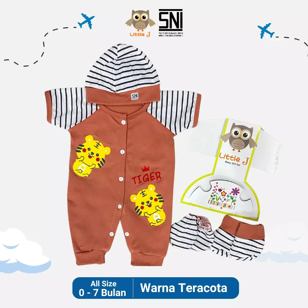 Little J - Bear Star Jumpsuit -Romper Set Baby 4 in 1 Bayi Laki laki Bayi Perempuan ( Sarung tangan,Sarung Kaki,Topi,Baju)