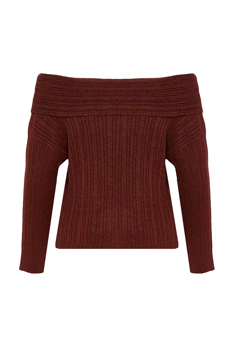 Brown Soft Textured Carmen Collar Knitwear Sweater TWOAW25KZ00076
