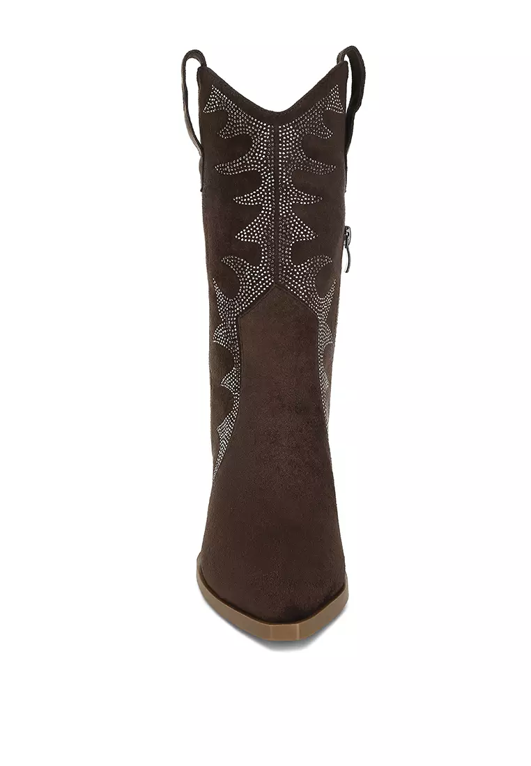 Rhinestones Embellished Calf Boots in Brown