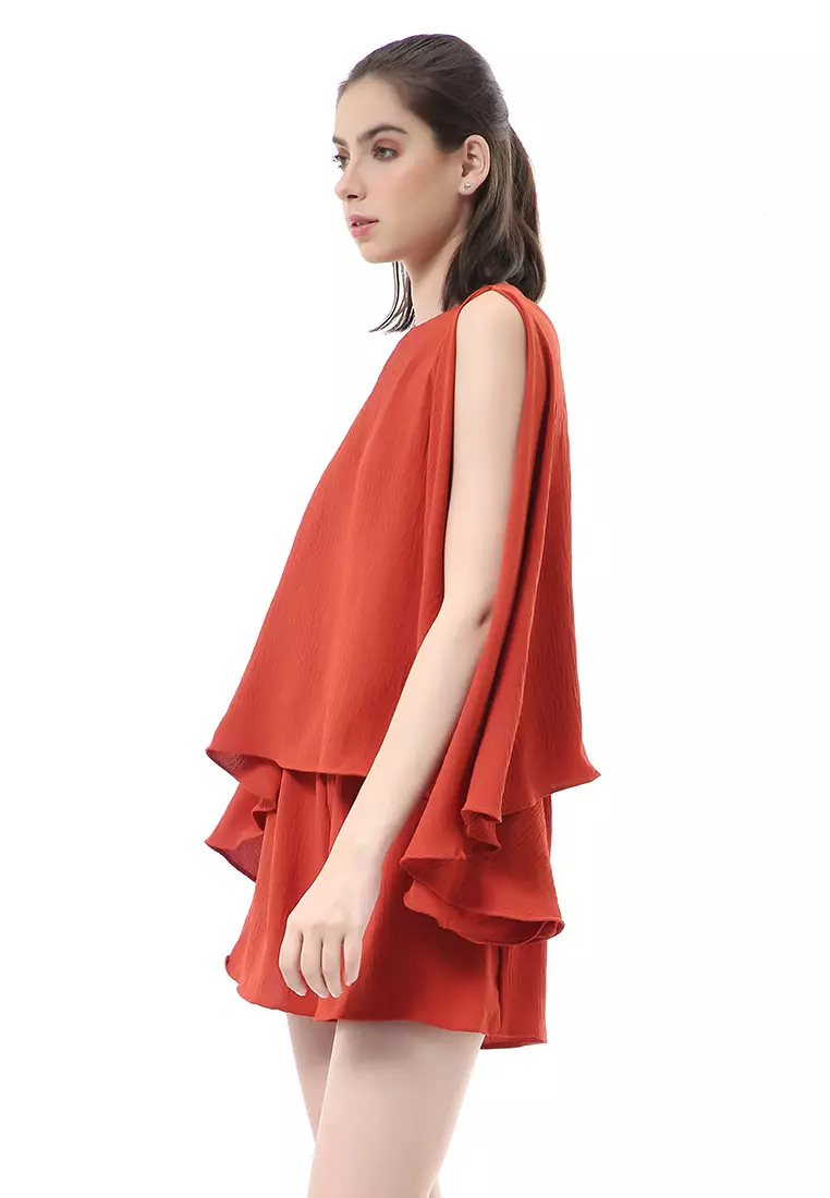 Nayra One Set Setelan Wanita Sleeveless Blouse with Short Pants Plain Motive Material Crepe Crinkle ORIGINAL - Tangerine